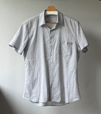 Prada Striped Cotton Gray Tab Pocket Men's Luxury Short Sleeve Shirt Size 41