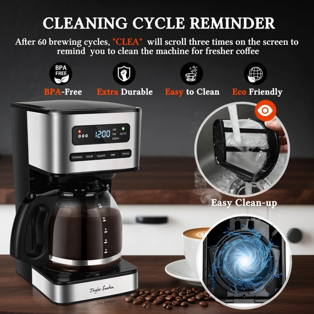 Programmable 12 Cup Hot and Iced Coffee Maker with 4 Brew Strength LED Display