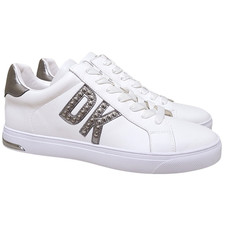 DKNY Women Abeni Logo Low Top Lace Up Sneakers Size US 8.5M White Nickel Grey