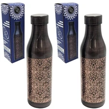 2 Pack 33 Ounce Pure Copper Water Bottle with Engraved Damask Design, Ayurved...