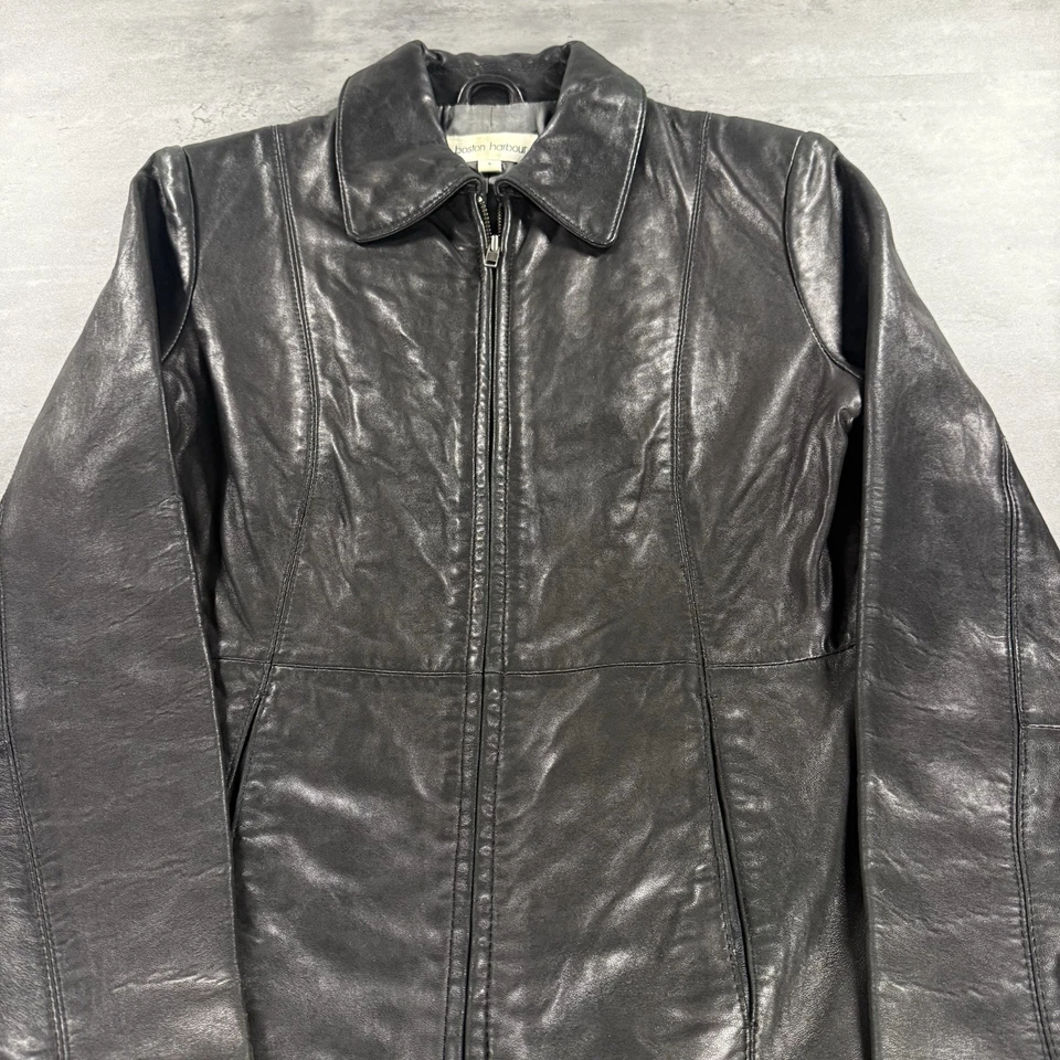 Leather Jacket Women Small Black Full Zip Up Coat Biker Work Formal Preppy - Image 2 of 4