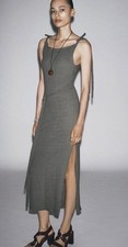 NWT Zara Olive Green Tie-Shoulder Raw Seams Maxi Dress with Side Slit Size Small