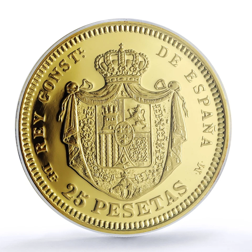 Spain Alfonso XII 25 Pesetas Restrike 1876 SP 69 PCGS silver token 2020 - Image 2 of 4
