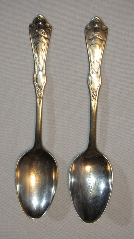 Two (2) Art Deco REED & BARTON Lady with Instrument on Handle Spoons Flatware