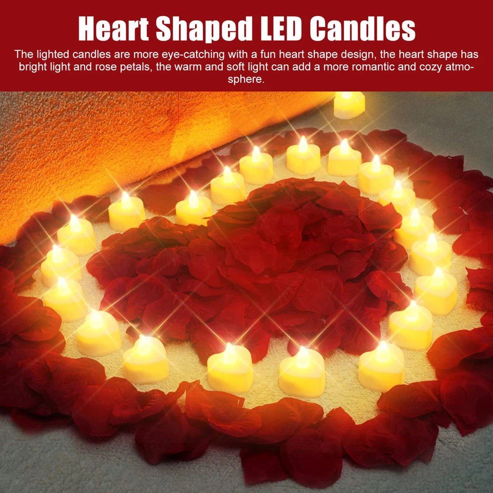 1000 Piezas Pétalos de Rosa Artificiales + 24 Piezas Velas de Luz LED Corazón Propósito Romántico Foto 3 de 4