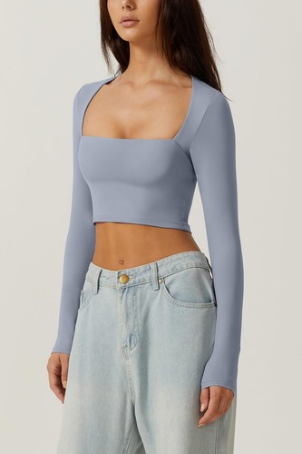 Women's Sexy Square Neck Crop Top Long Sleeve Slim Fit Cropped T Shirts - Picture 45 of 67