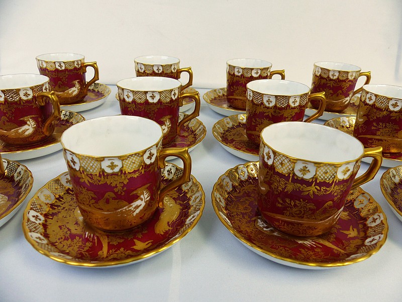 Set of 12 Royal Crown Derby PARADISE MAROON Flat Demitasse Cup & Saucers