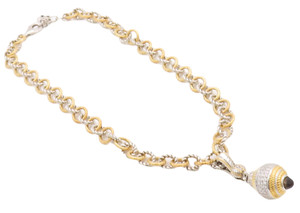 Authentic 925 Sterling Silver Vintage Necklace Gold Plated Rope Rings CZ Inlay Ball NE4375