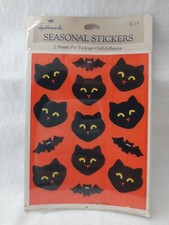 Vintage Hallmark Halloween Black Cat and Bat Fuzzy Stickers  NIP