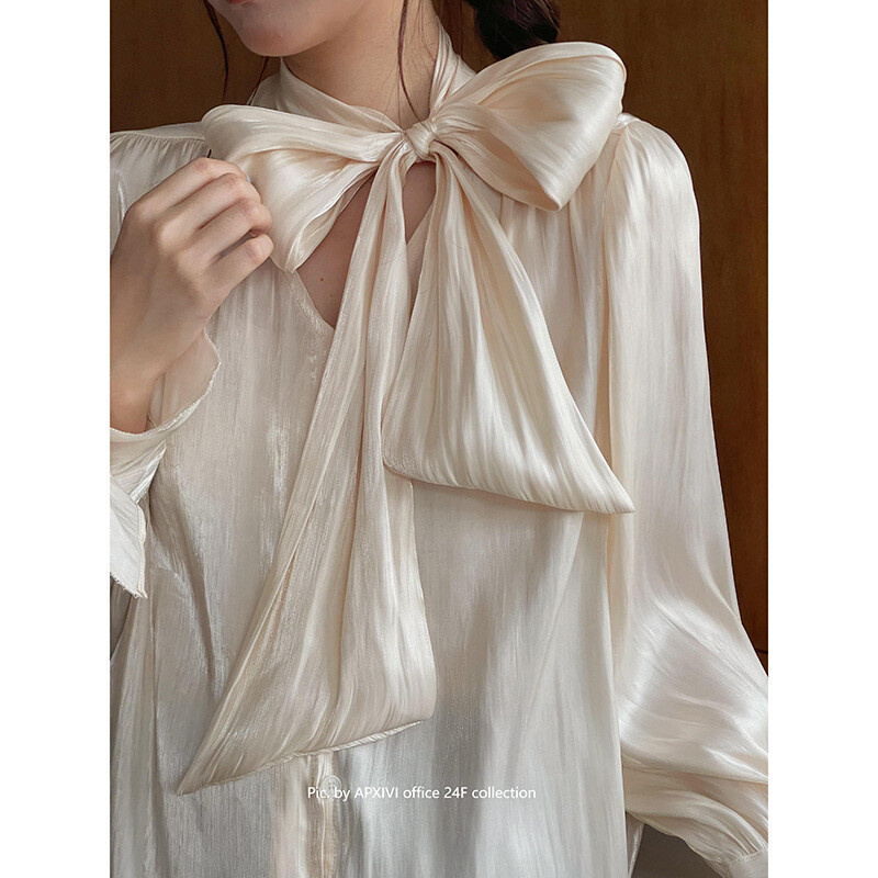 Stylish Women's Long Sleeve Bow Knot Loose Top Solid Color OL Shirt