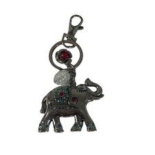 Bejewelled Silvertone Lucky Elephant Keychain Pink and Turquoise Rhinestones