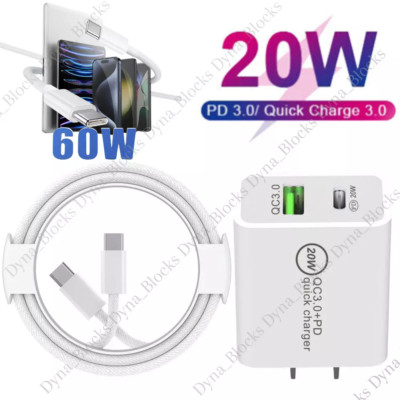 For iPhone 15 16 Pro Max Android 20W Dual USB-C Fast Charger Block Type-C Cable
