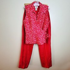 VTG 80s ICE 100 Silk Wrap Vest Blouse  Pants Set, Size 10 Pink Red Dots read 