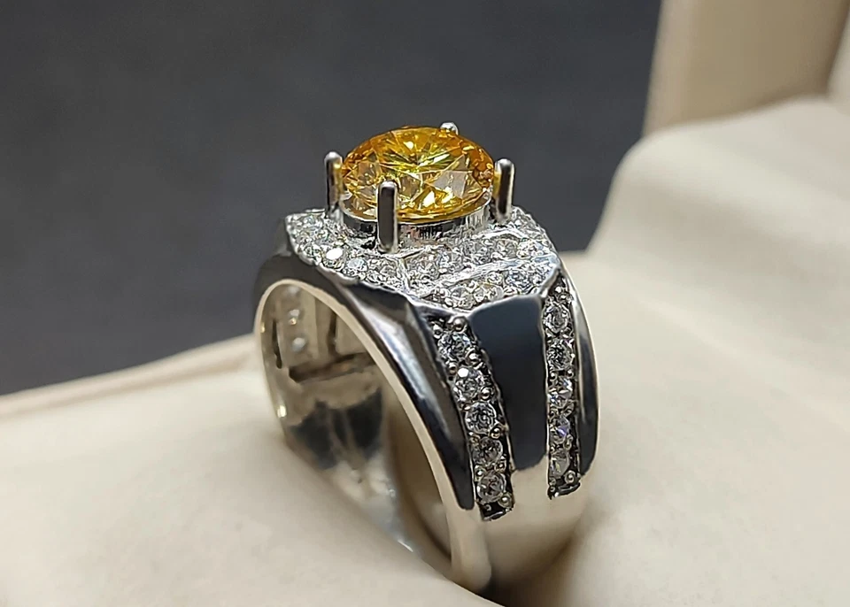 Round Cut Rare 2 Ct Golden Moissanite Diamond 925 Silver Women Engagement Ring - Image 2 of 4