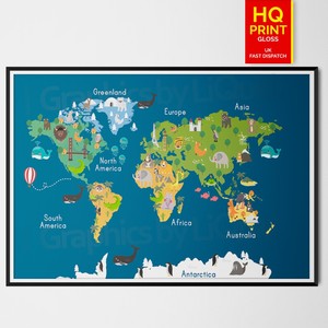 Animali Bambini Mappa Del Mondo Poster Stampati Per Bambini Stanza A3 A1 Ebay