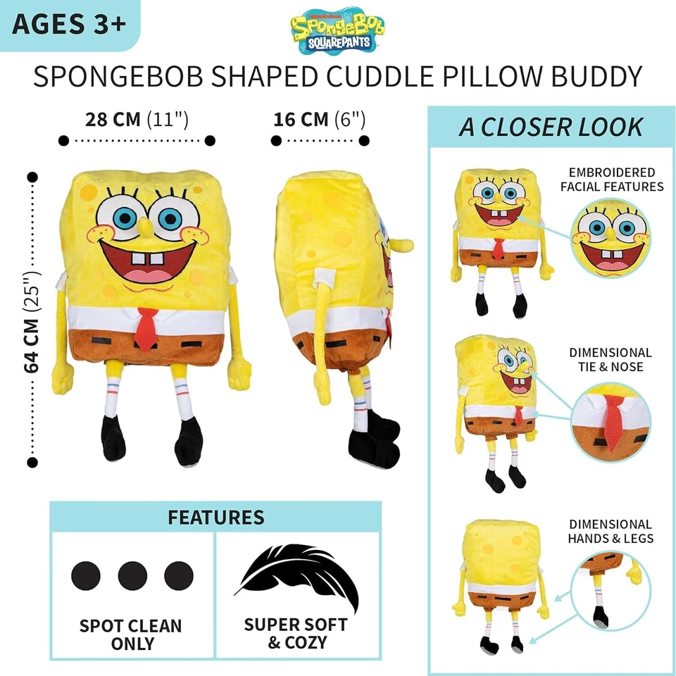 Bob Esponja Niños Ropa de Cama Super Suave Peluche Acurrucarse Almohada Amigo 25" Foto 2 de 4