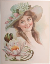 Woman, Water Lily Flower 1906 Victorian Color Litho 10x13 Print-Chromolithograph