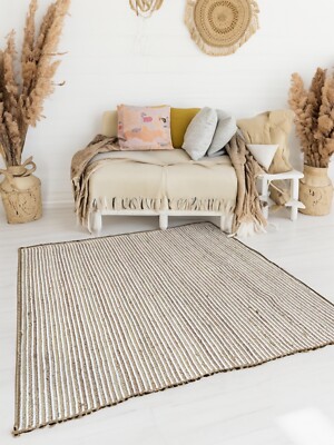 Teppich Quadratteppiche Jute Natur Weiß Baumwollmatte Flechtstreifen Wendematten