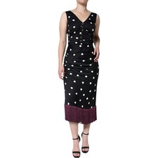 DOLCE & GABBANA Dress Black Silk Polka Dot Vneck Tassel Midi IT44/US10/L 2930usd