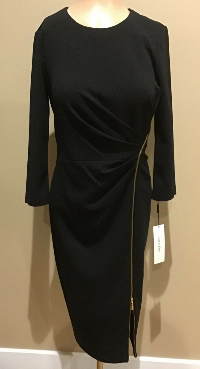 Calvin Klein Exposed Front Zipper Rushed Sheath Dress Sz.6 Black 3
