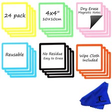 Dry Erase Magnets Set - 24 Pack - 4x4 in in, White With Colored Border