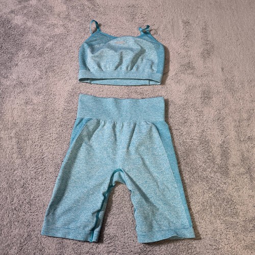 Gymshark Womens S Vital Seamless 2.0 Set Teal Marl Bra and Biker Shorts