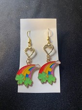 St. Patrick's Shamrock s at the End of the Rainbow Heart Dangle Earrings 2