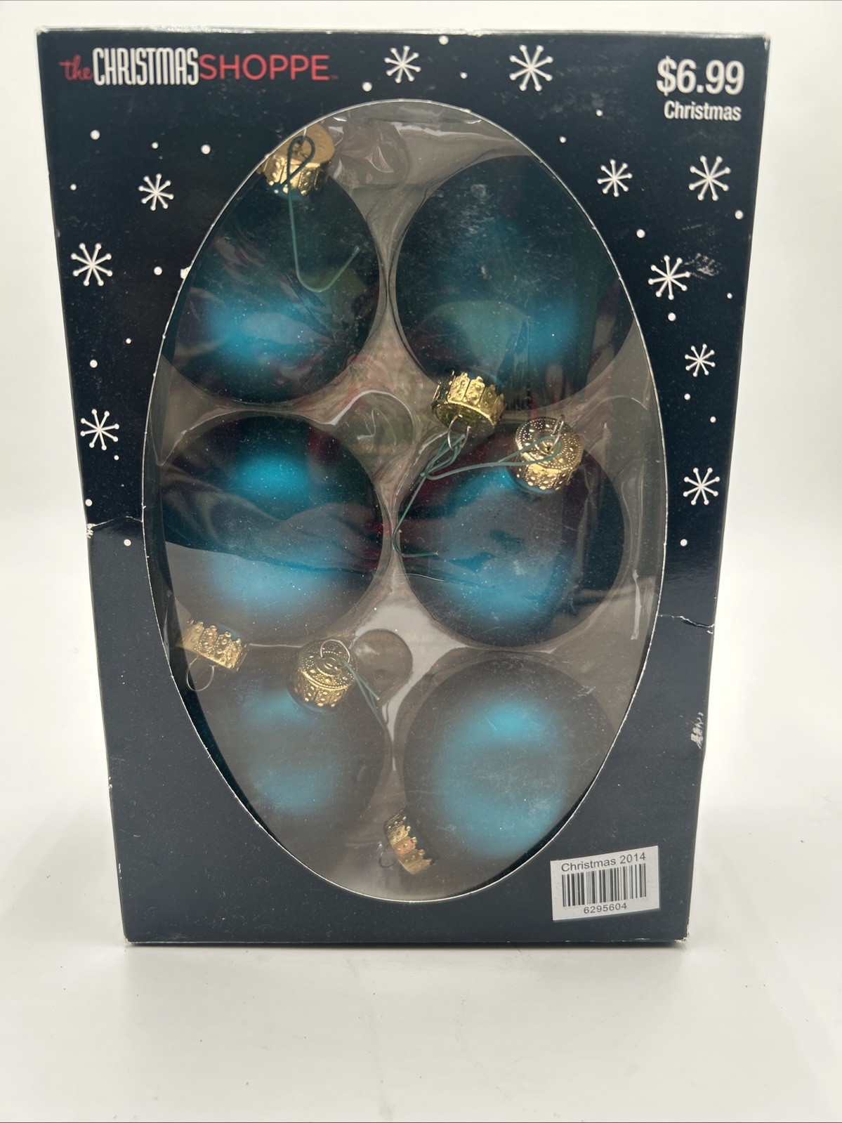 Christmas Shoppe Teal Satin Ornaments Glass Balls 2.64" Gold Caps Set Of 6