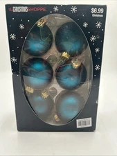 Christmas Shoppe Teal Satin Ornaments Glass Balls 2.64" Gold Caps Set Of 6