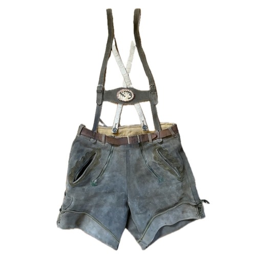 Lederhosen Womens Green Suede Suspenders Bavarian Oktoberfest Deer Crest Vintage