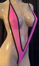 Exotic Dancer Stripper Rave Sheer Neon Pink Micro V Monokini OSFM