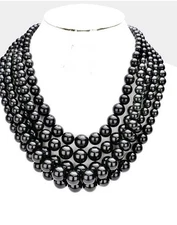Black Pearl 5 Row Multi Strand Layered Bead Chunky Jewelry Necklace