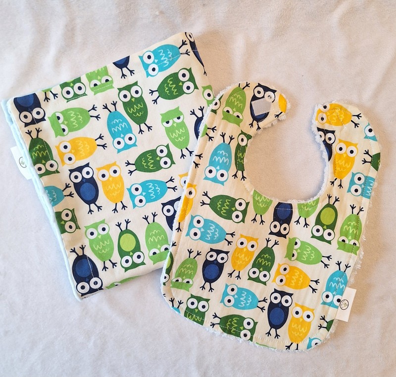 Boutique Blue Urban Zoologie Owls Chenille Lovey And Bib Set