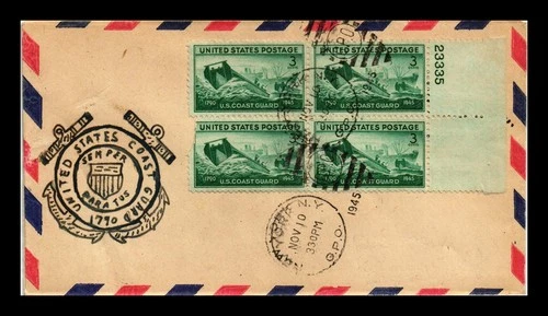 US COVER WWII COAST GUARD FDC SCOTT 936 PLATE BLOCK HAND DRAWN CACHET