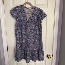 LOFT Blue Pink Medallion Tile Print Tiered Ruffle Mini Dress Boho chic XS