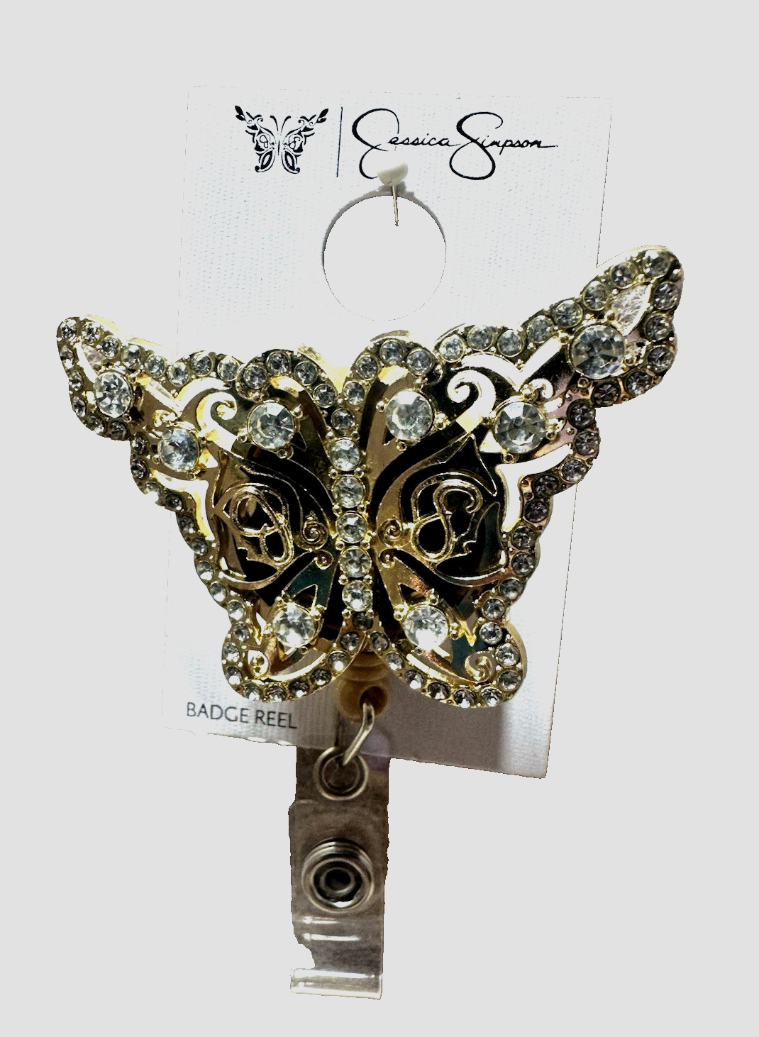 New Jessica Simpson Butterfly Badge Reel,  Gold Tone and Stones