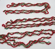 VTG Christmas Garland Lot Of 3 Red Green Gold  Triple braided Strand Beads 118”