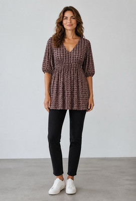 Women s Purple/Black Geometric V-Neck Tunic Blouse Smocked Tie L