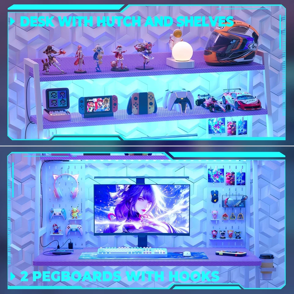 Escritorio Gaming con Hutch y Luces LED, Escritorio Ordenador Gaming con Toma de corriente... Foto 4 de 4
