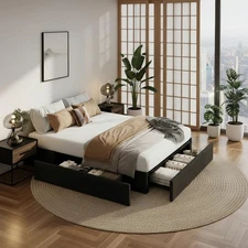 Queen Storage Bed Frame w/ 3 Storage Drawers Upholstered Platform Bed Grey