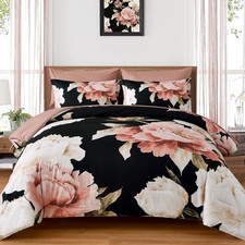 Black King Size Comforter Set 7 Piece Bed in a Bag, Pink Floral Printed on Black