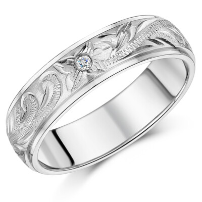 Titanium Wedding Band Hand Engraved 4mm, 6mm or 8mm CZ Stone Ring Court Shaped