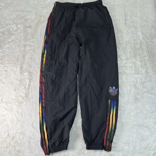 Adidas Original Pants Mens M Black / Rainbow Stripes Nylon Joggers Zip Bottom