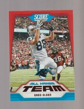 2018 Panini Score Red #12 Greg Olsen card, Carolina Panthers legend