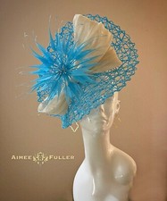 Turquoise Blue Cream Kentucky Derby Hat Bridal Wedding Fascinator Off White Bow