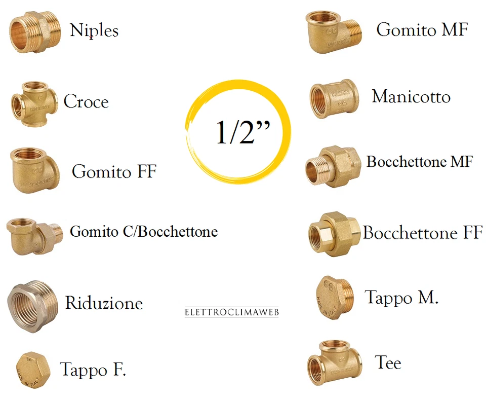 RACCORDI OTTONE GIALLO 1/2 RACCORDI idraulici OTTONE Raccordo ottone idraulico