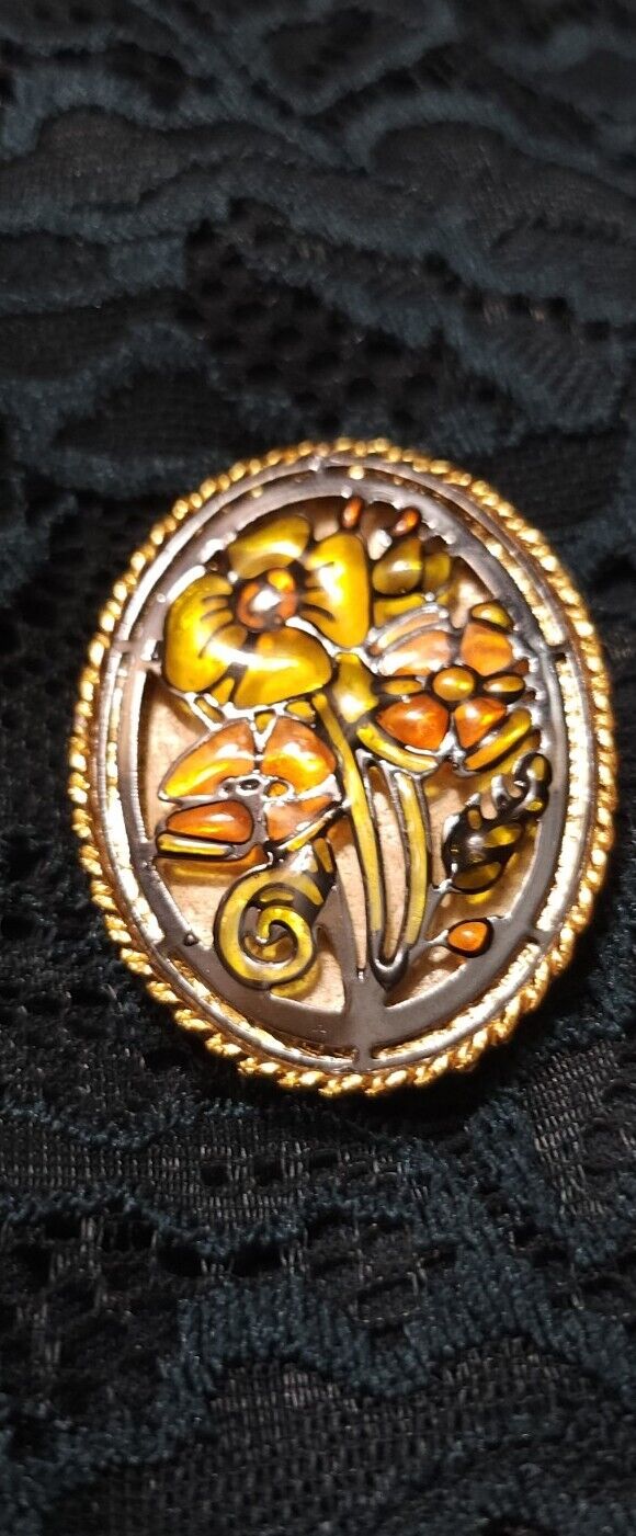 Gold-Tone Stained Glass Flower Oval Pin Brooch 60… - image 1