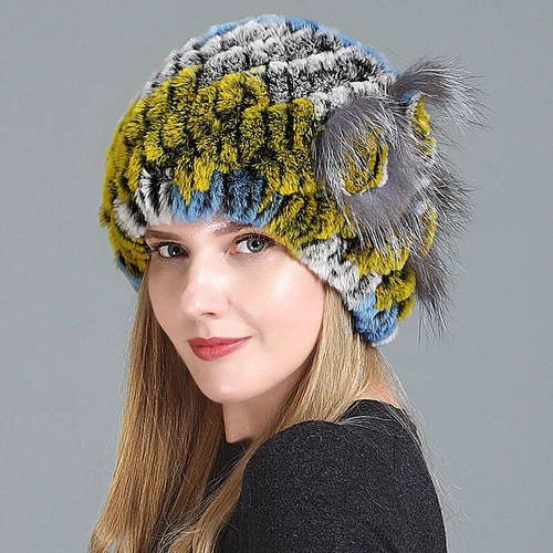 Damen Echt Rex Kaninchenfell Beanie Mütze Winter Warm Mütze mit Fuchs Handarbeit Geflochten - Bild 40 von 52