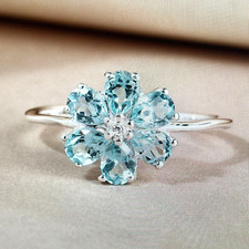 Green Apatite and Natural White Zircon Floral Ring 10 Sterling Silver 1.15 ctw