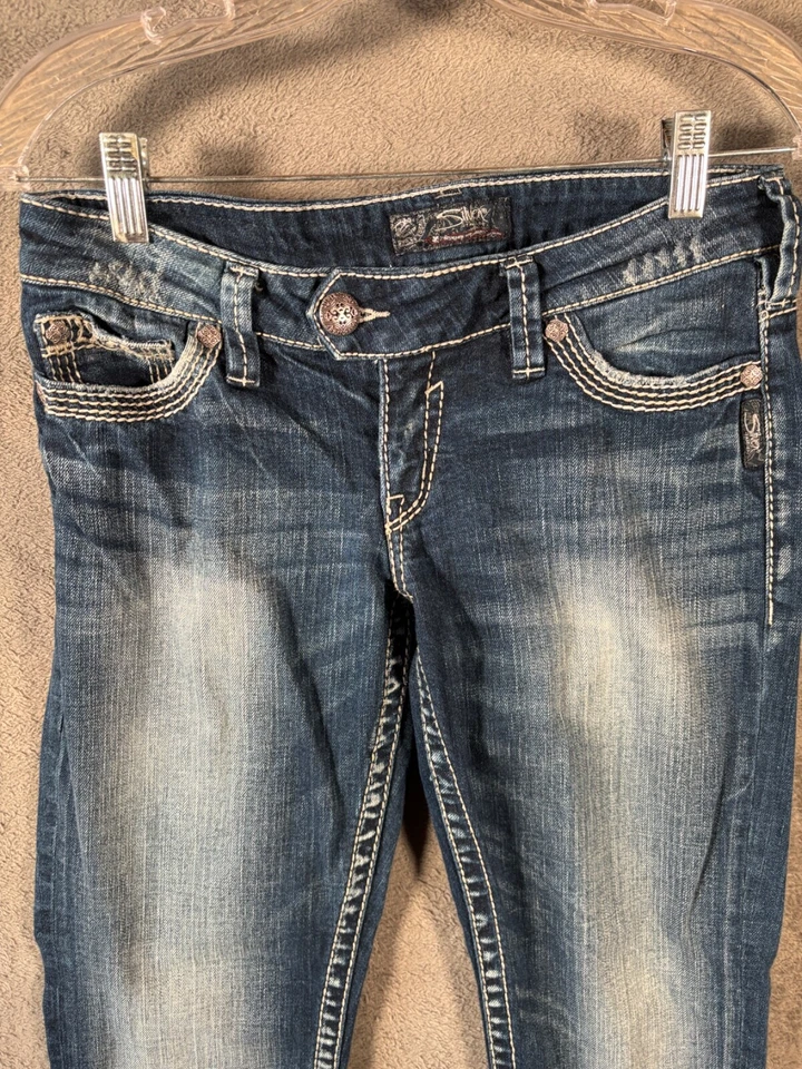 银色牛仔裤星期二牛仔裤蓝色低腰 29W 30x24 英寸西部金属重缝线 — 第 2/4 张图片